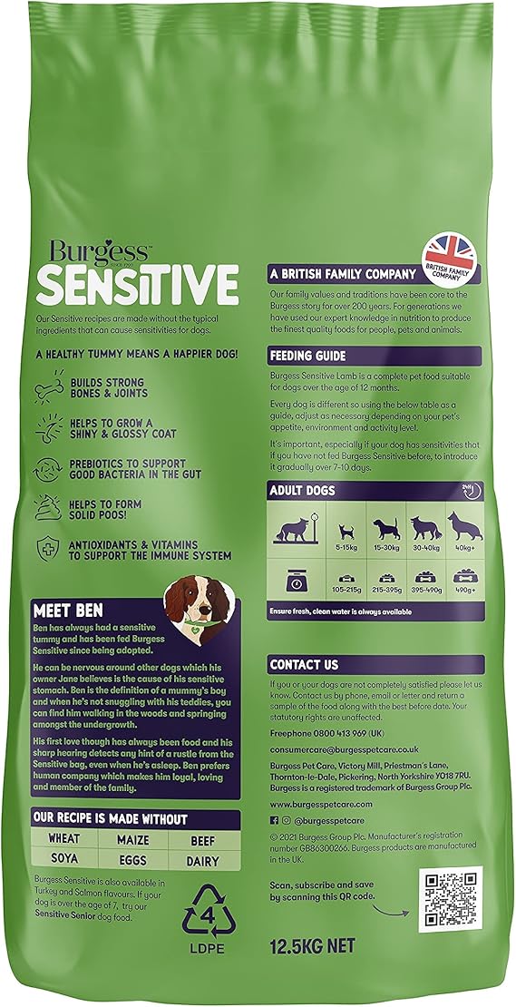 Burgess Sensitive Adult Lamb Dry Dog Food - 12.5KG